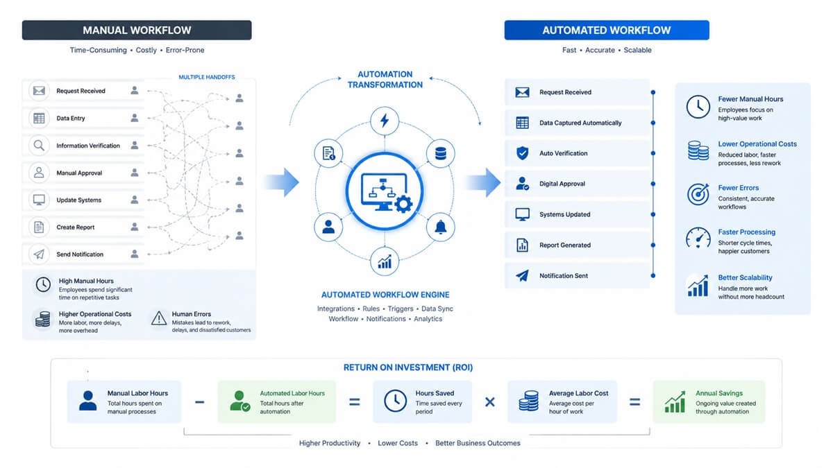 Business process automation ROI showing reduced manual work and operational costs