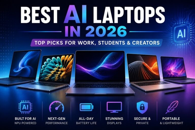 Eye-catching tech graphic featuring multiple modern laptops with glowing AI-themed visuals, highlighting the best AI laptops in 2026 for work, students, and creators.