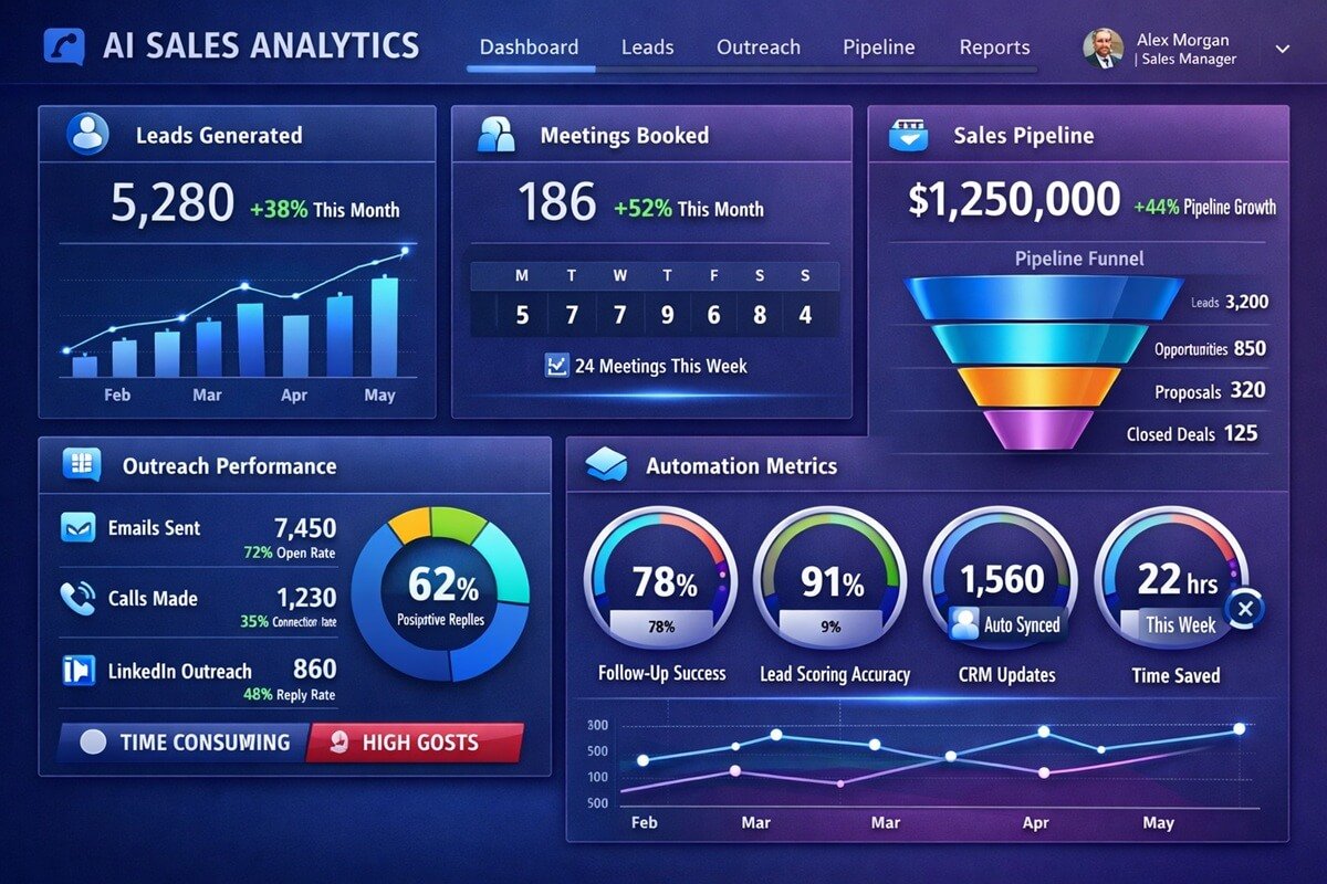 AI SDR productivity improvement and sales growth dashboard
