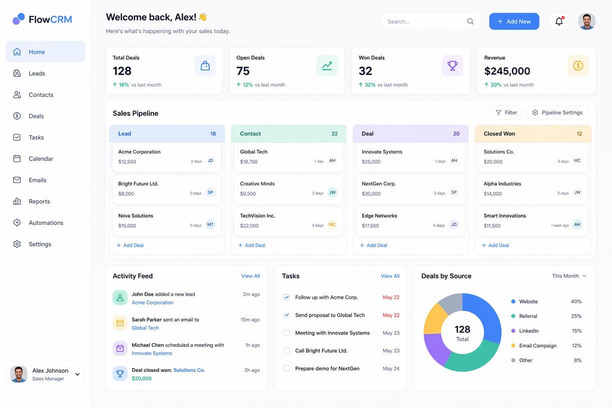 simple CRM dashboard with clean sales pipeline and minimal design