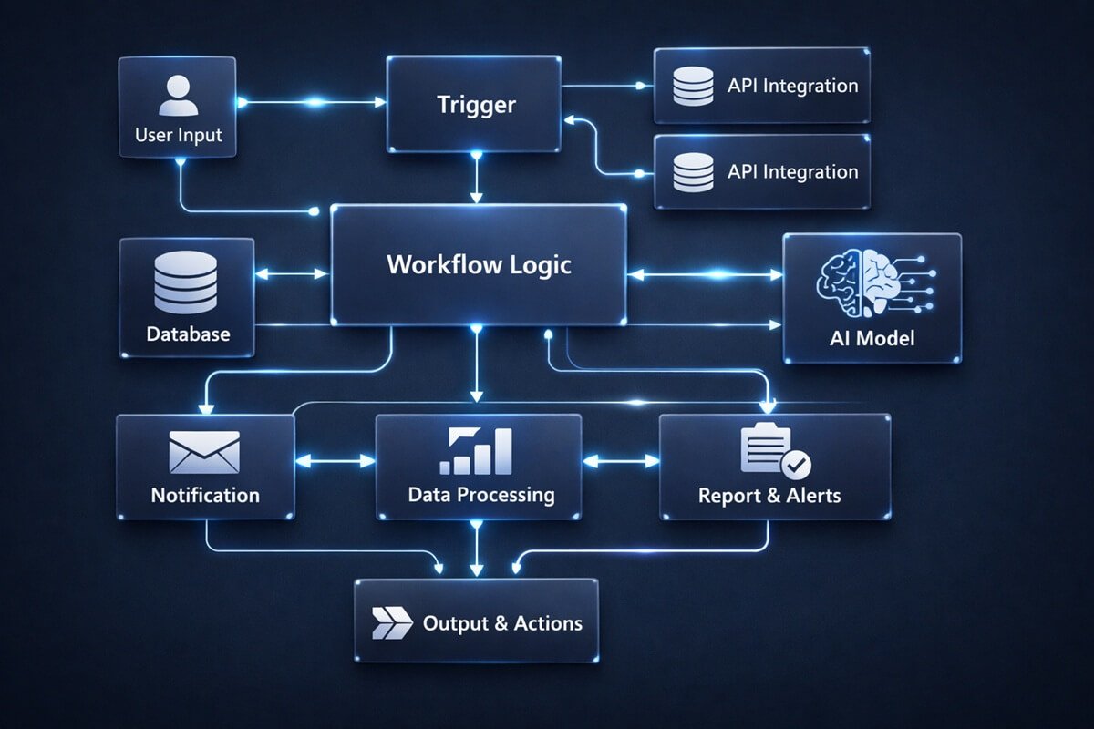 n8n workflow orchestration system showing scalable AI automation architecture and integrations