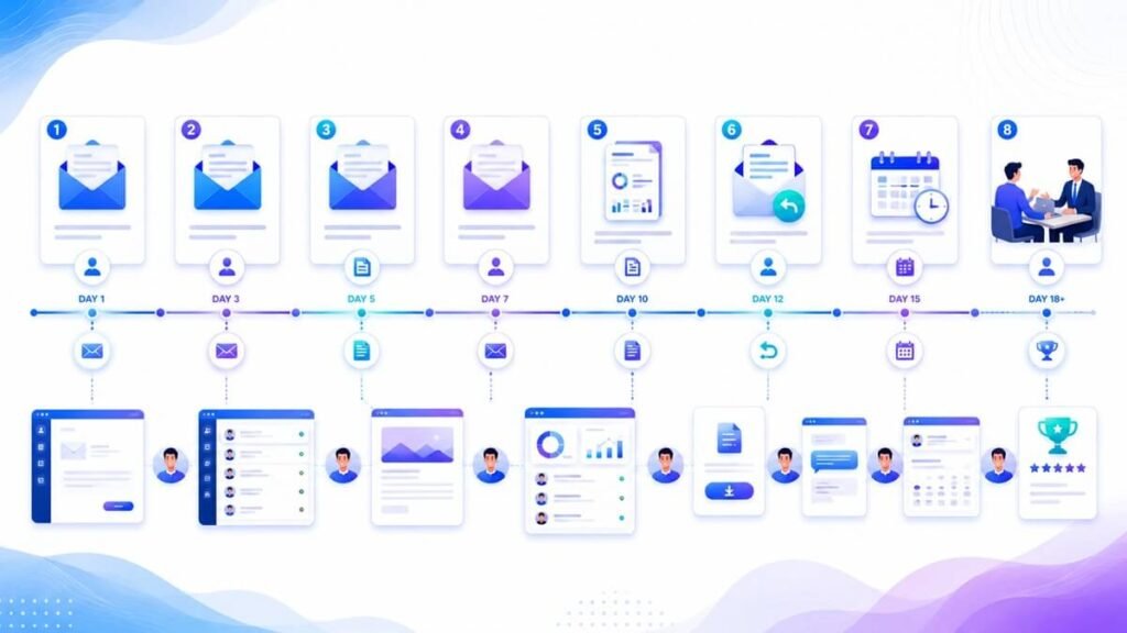 Timeline illustrating a structured cold email outreach sequence with multiple personalized follow-ups.