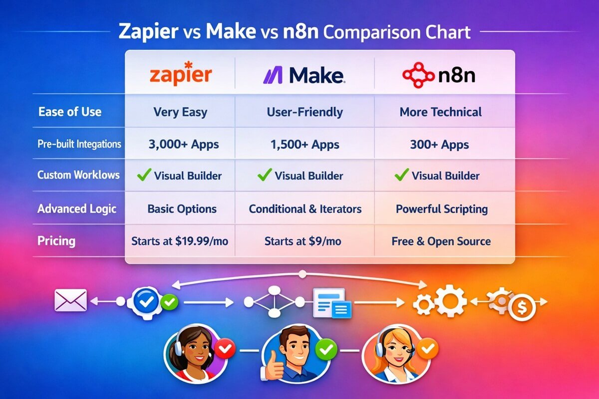 Comparison of AI workflow automation tools Zapier, Make, and n8n