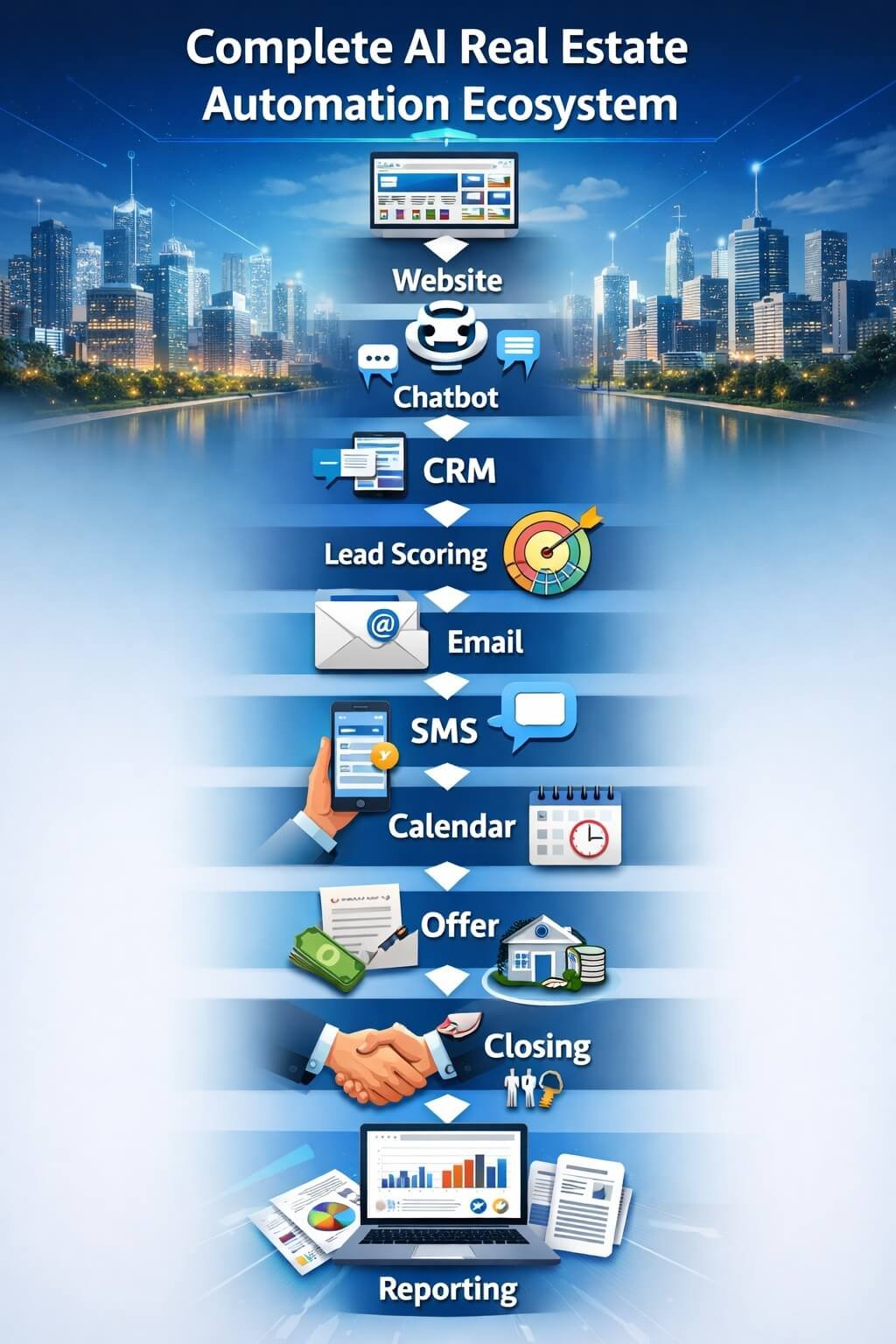 AI real estate automation ecosystem connecting lead capture, CRM, workflows, sales pipeline, and operations
