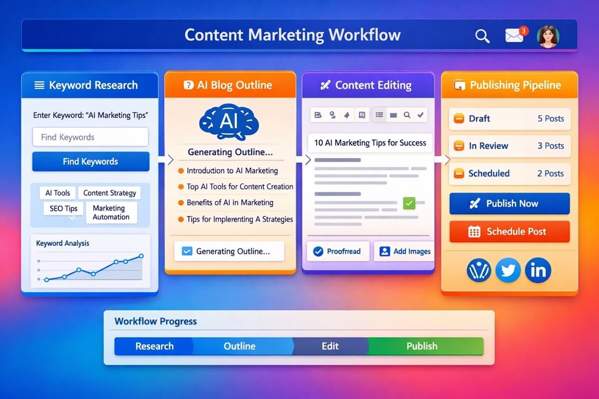 AI content creation workflow showing automated blog writing and publishing process