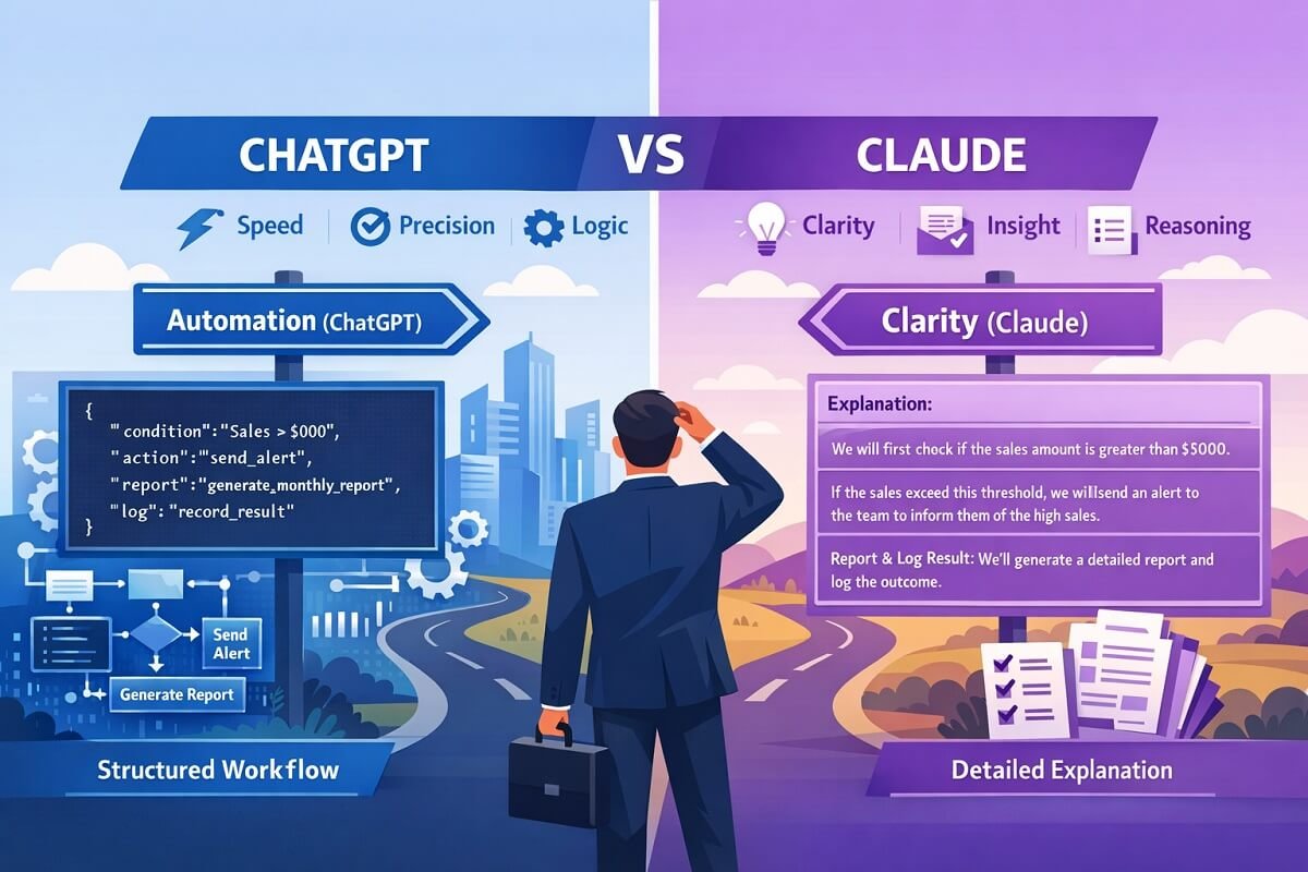 Decision graphic showing two paths, one labeled Automation (ChatGPT), other labeled Clarity (Claude), business professional choosing path, modern flat illustration style 