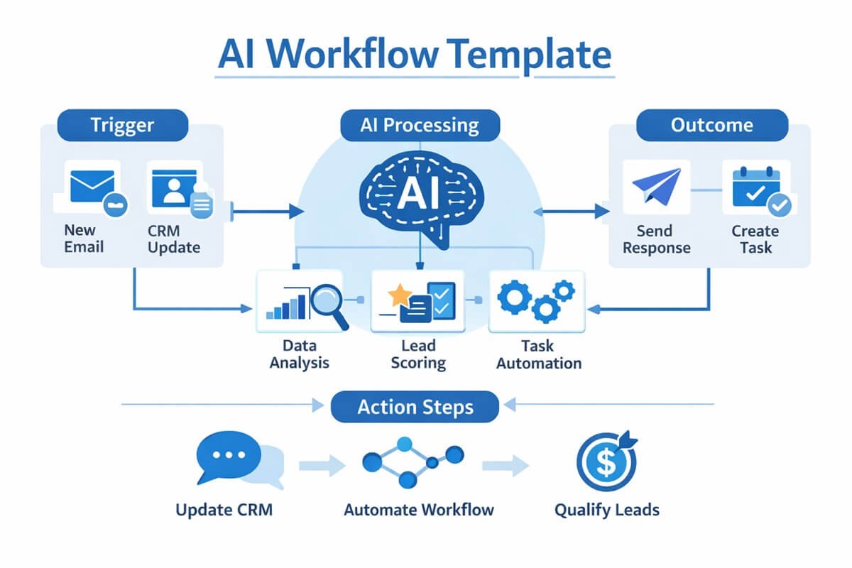 AI workflow template diagram showing trigger, AI processing, and automated action steps