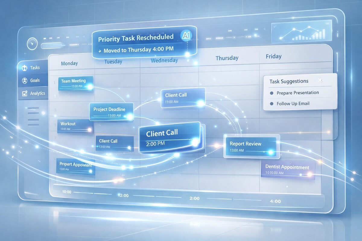 Digital calendar transforming automatically with AI, tasks moving and rescheduling themselves dynamically, glowing interface, productivity automation concept, clean UI design, futuristic dashboard style, soft blue and white tones