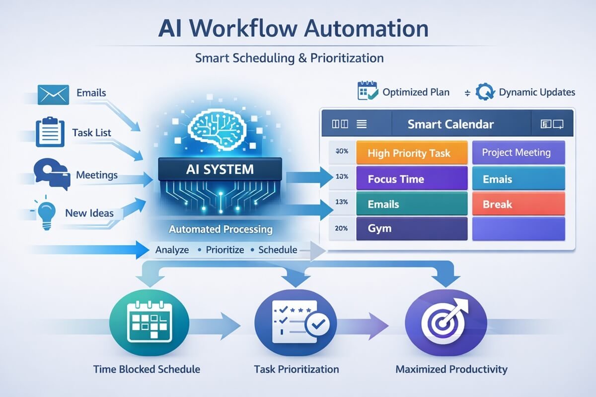 AI workflow automation diagram showing tasks flowing into calendar, automatically scheduled and prioritized, arrows and smart system visualization, futuristic SaaS workflow graphic, clean infographic style