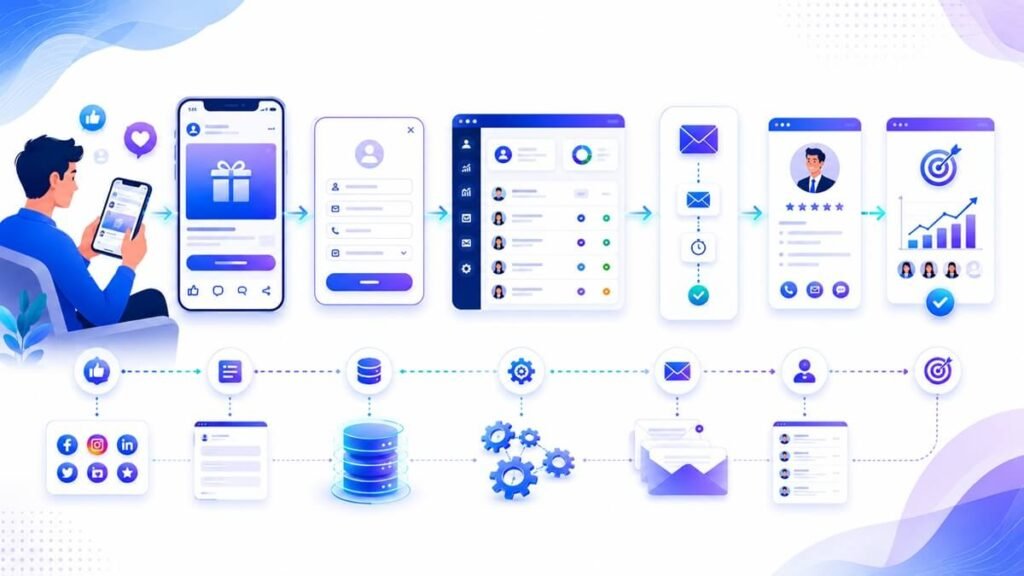 Facebook Lead Ads workflow connecting social media advertising to CRM automation and sales qualification.