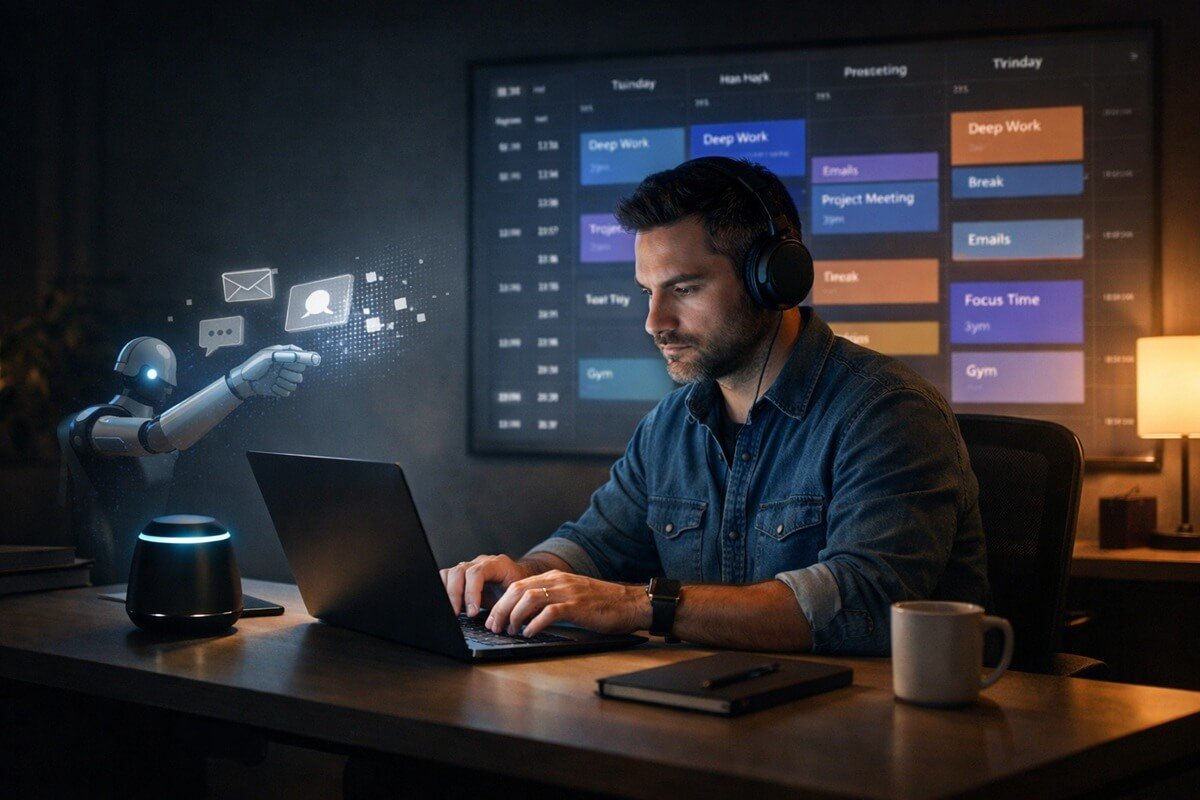 Focused professional working in deep concentration mode, distraction-free environment, time blocked calendar glowing in background, AI helping remove interruptions, calm lighting, cinematic productivity scene, minimal desk setup