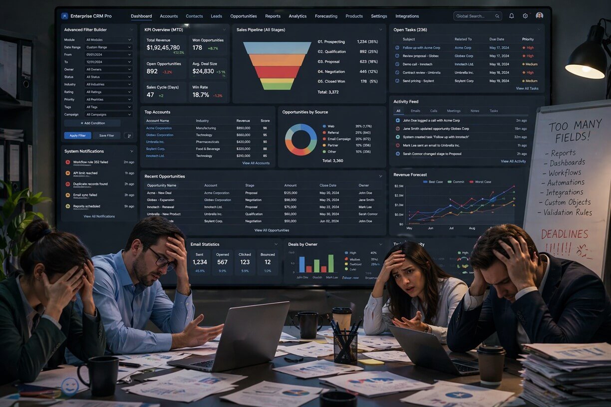 team struggling with complex CRM system overloaded with features