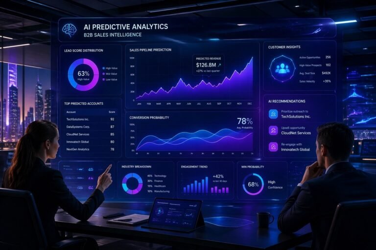 AI predictive analytics for B2B sales dashboard showing lead scoring and client insights