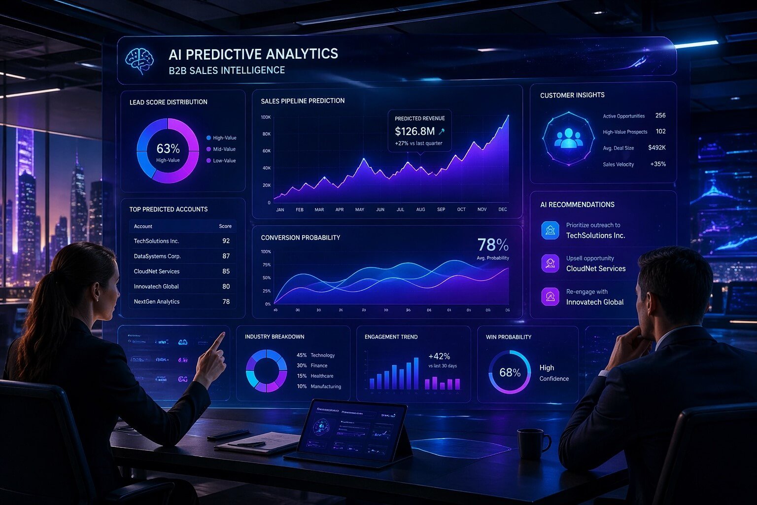 AI predictive analytics for B2B sales dashboard showing lead scoring and client insights