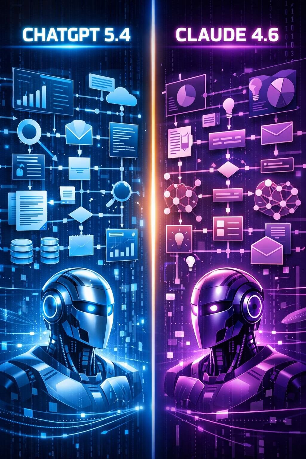 ChatGPT 5.4 vs Claude 4.6 comparison showing AI systems handling complex business logic workflows