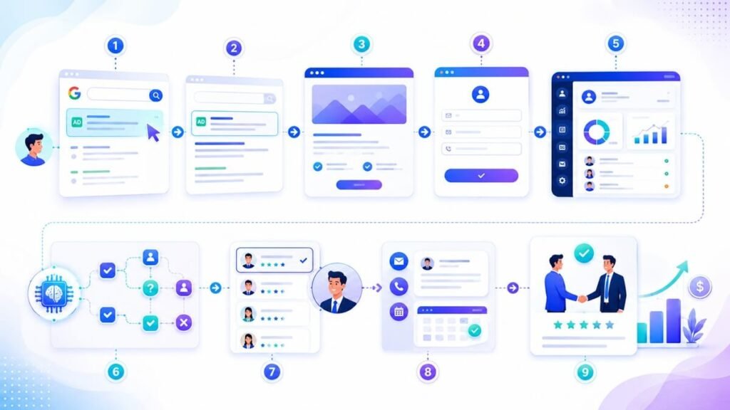 Google Ads lead generation workflow showing search ads driving traffic to landing pages, CRM integration, and sales follow-up.