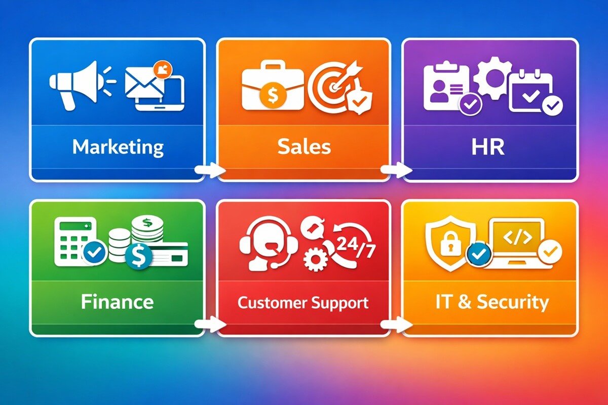 Different types of AI workflow automation including marketing, sales, HR, finance, and support systems