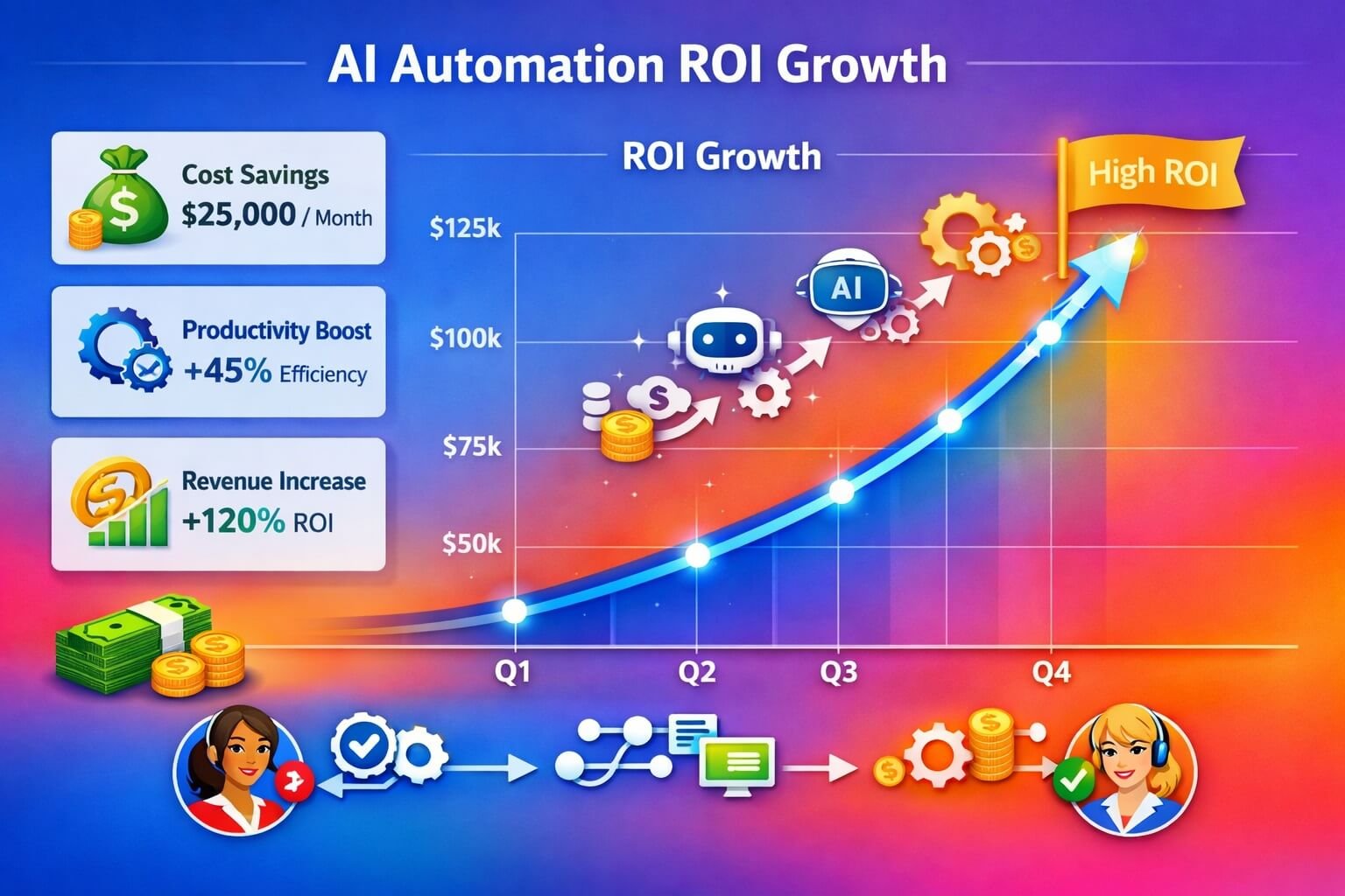 ROI growth graph showing financial benefits of AI workflow automation