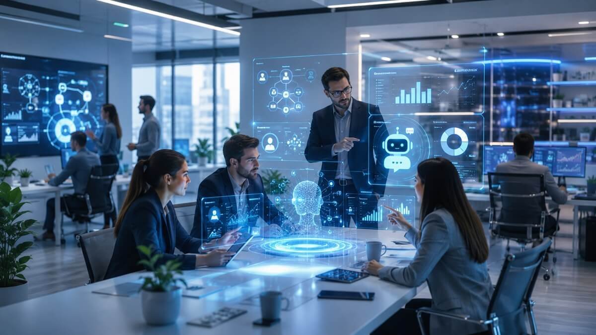 Business team collaborating with AI-powered workflow automation and analytics dashboards.