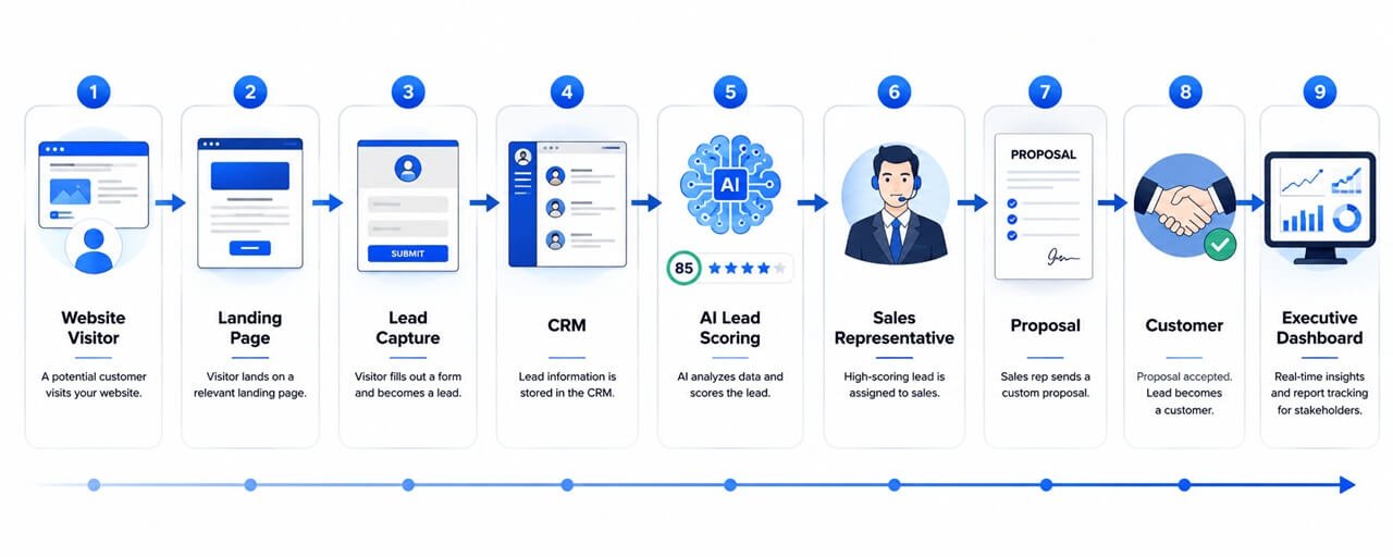 Visitor-to-customer Revenue Operations workflow demonstrating automated lead management and sales progression.