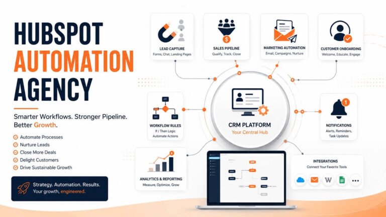 HubSpot automation agency CRM ecosystem connected to lead capture, sales pipeline, marketing automation, customer onboarding, workflow rules, notifications, analytics, and integrations.