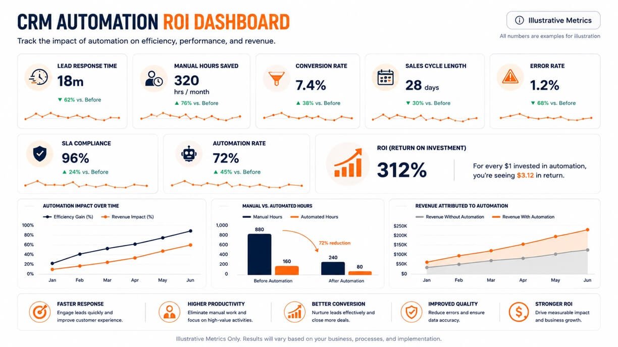 CRM automation ROI dashboard showing illustrative metrics for lead response time, manual hours saved, conversion rate, sales cycle length, error rate, SLA compliance, automation rate, and ROI.