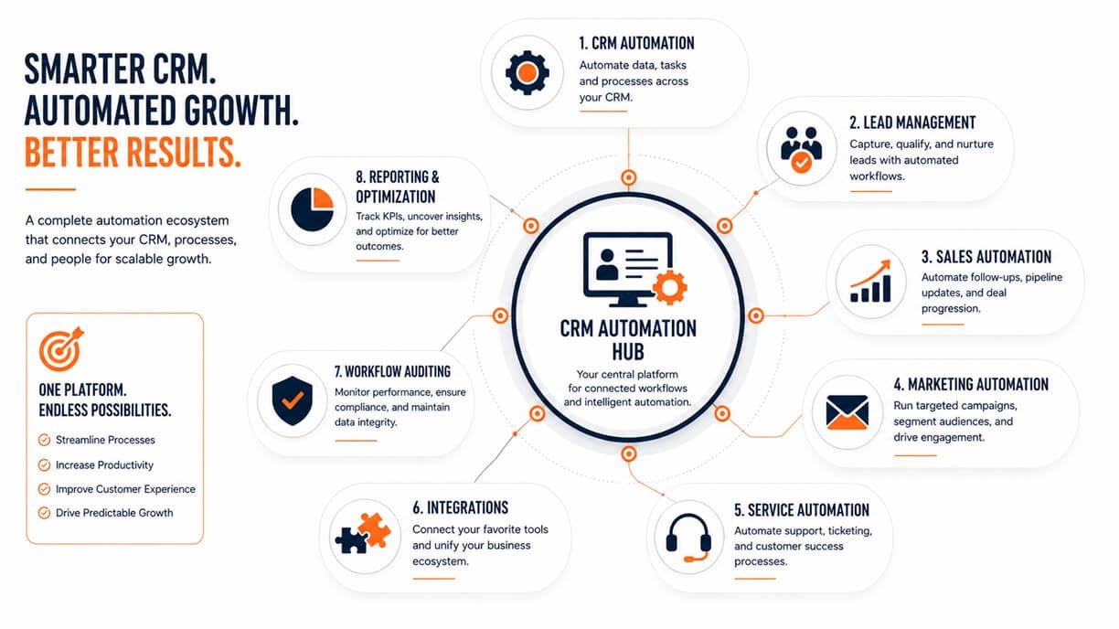 CRM automation hub connected to CRM automation, lead management, sales automation, marketing automation, service automation, integrations, workflow auditing, and reporting and optimization.