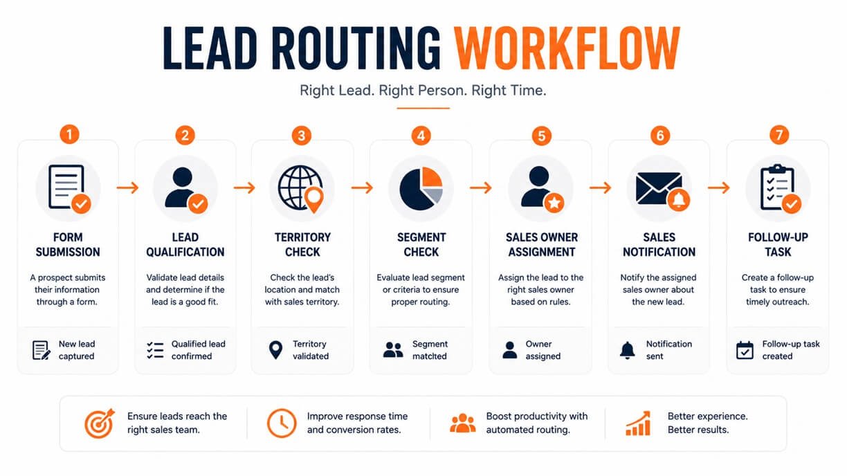 Lead routing workflow showing Form Submission, Lead Qualification, Territory Check, Segment Check, Sales Owner Assignment, Sales Notification, and Follow-Up Task.