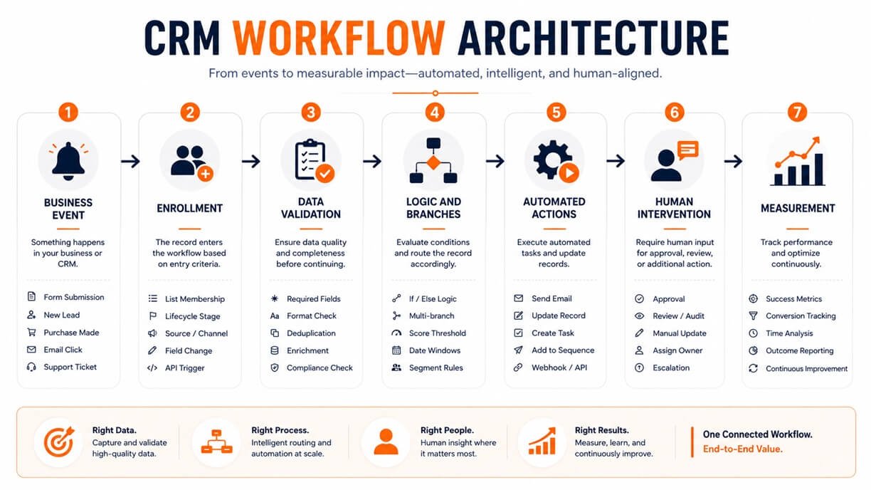 CRM workflow architecture showing Business Event, Enrollment, Data Validation, Logic and Branches, Automated Actions, Human Intervention, and Measurement.
