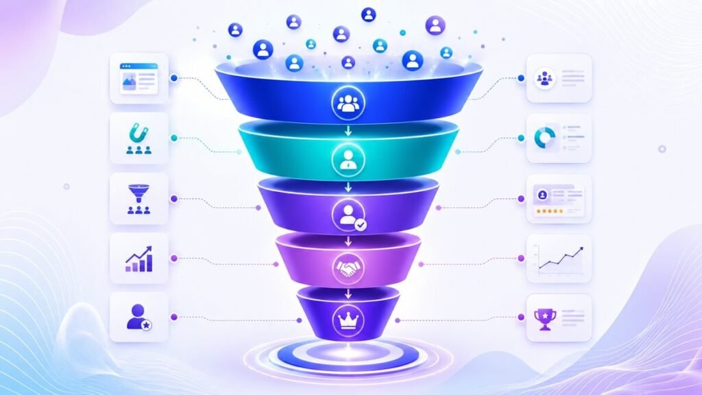 Marketing funnel showing visitors becoming leads, marketing qualified leads, sales qualified leads, opportunities, and customers.