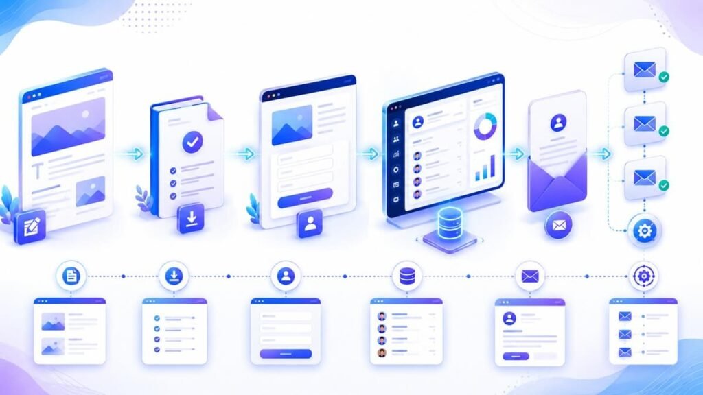Lead magnet workflow converting blog readers into email subscribers through downloadable resources and CRM automation.