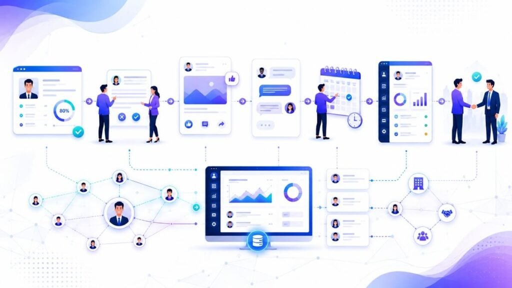 LinkedIn lead generation process from profile optimization and networking to qualified business meetings.