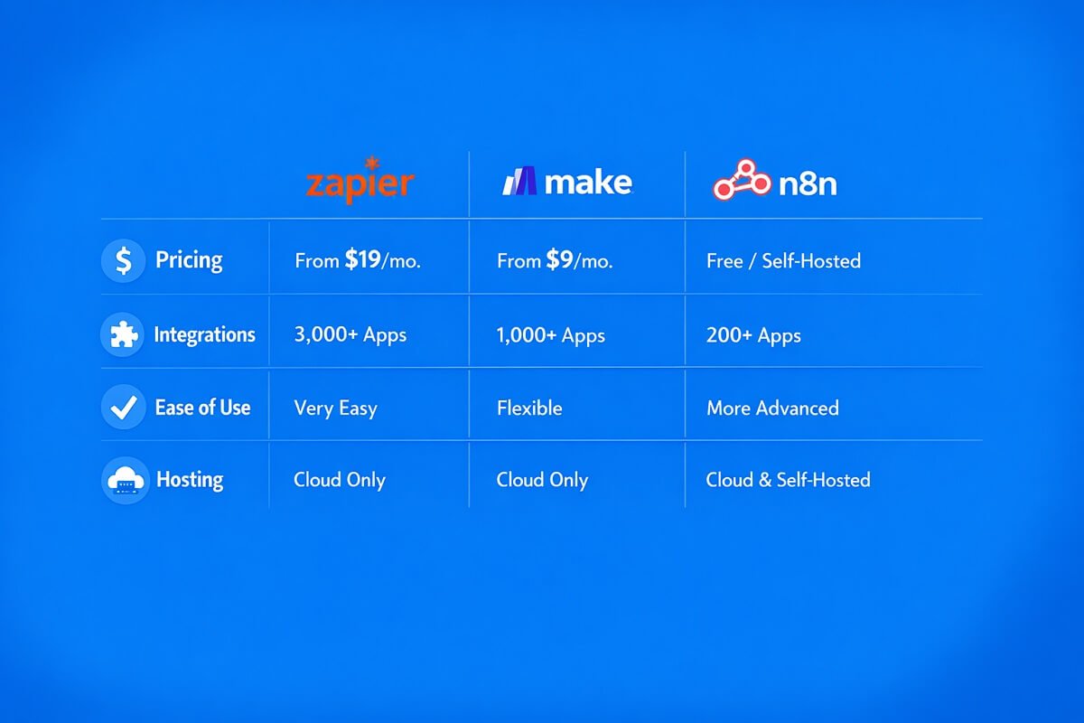 Zapier vs Make vs n8n features comparison table