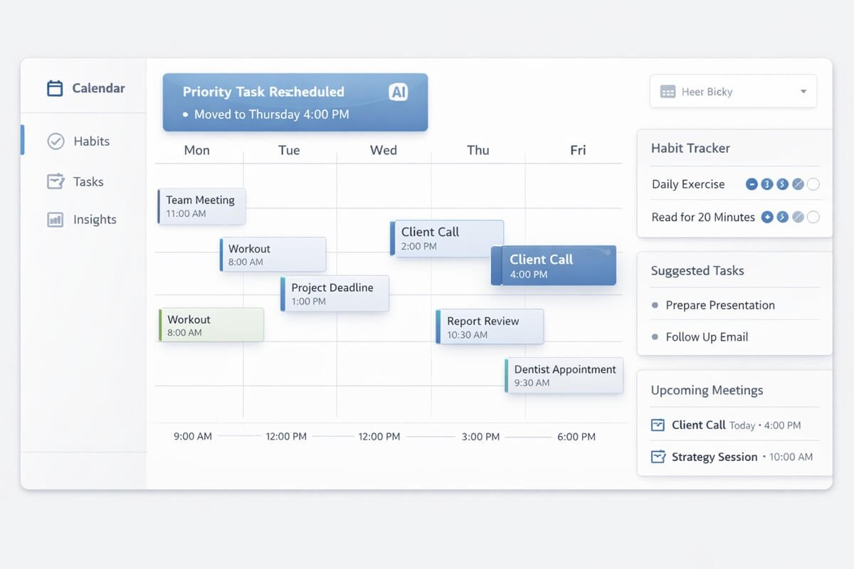 Minimal modern UI dashboard of an AI calendar app focused on scheduling optimization, habit tracking, and meeting blocks, clean and simple interface, calm colors, productivity-focused design, realistic SaaS product mockup