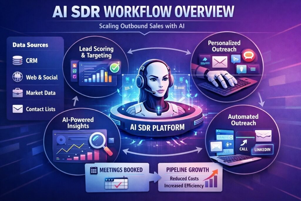 AI SDR workflow automating lead research, personalization, CRM updates, and sales meeting scheduling.