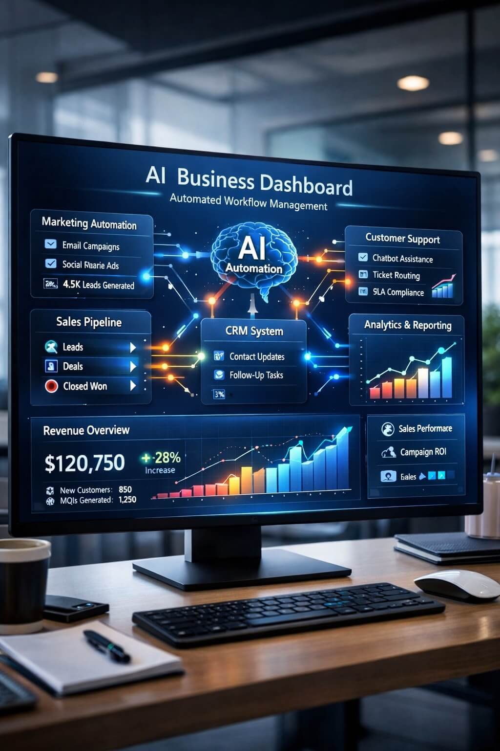 AI automation agency services connecting sales, marketing, customer support, and business operations through automated workflows
