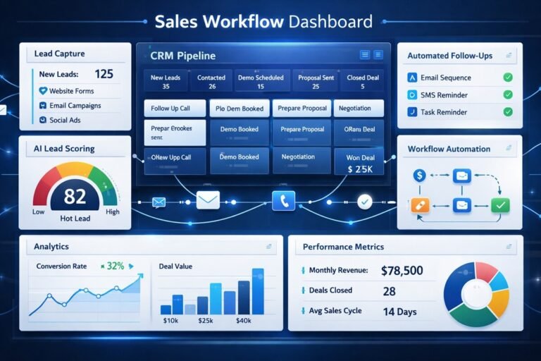 AI-powered sales workflow templates dashboard showing lead management, pipeline automation, and CRM workflow stages.