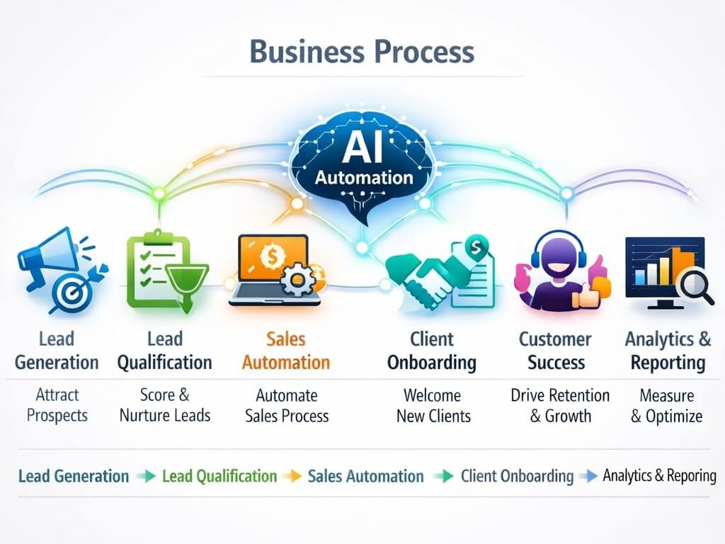 AI automation revenue system connecting lead generation, sales, onboarding, customer success, and reporting workflows 