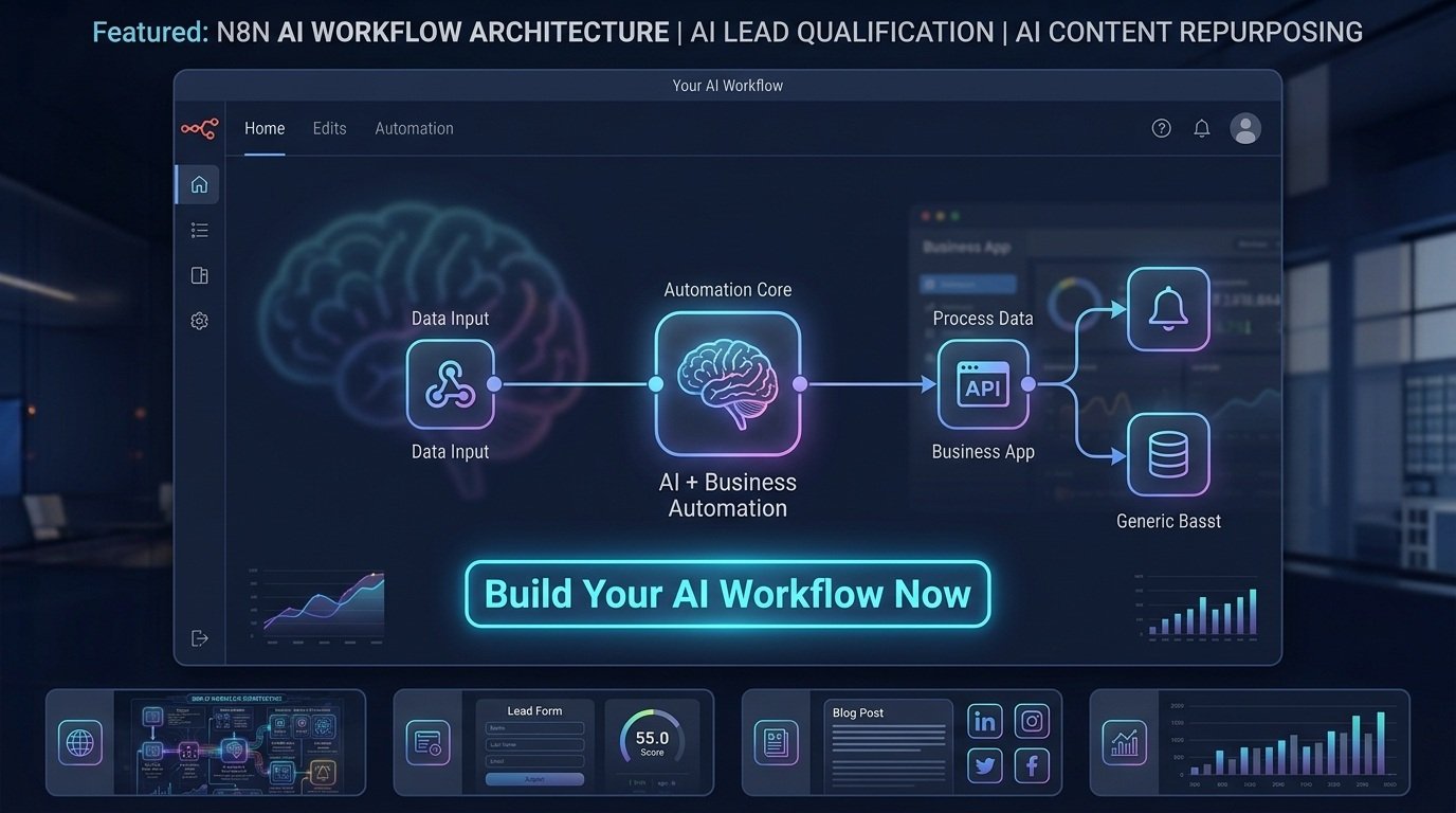 n8n AI business automation workflow connecting small business data, AI processing, applications, and automated actions