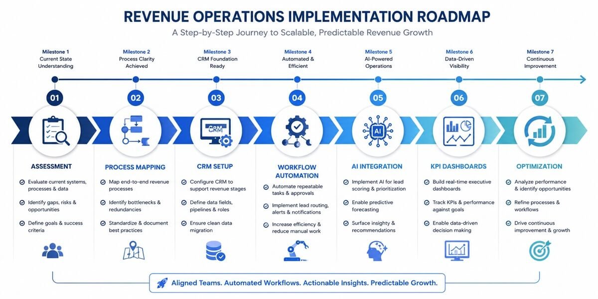 Revenue Operations maturity model showing progression from manual processes to AI-driven optimization.
