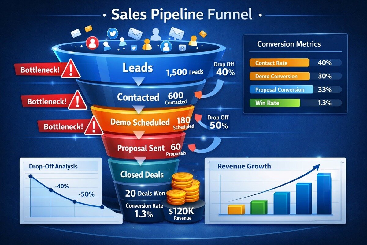 Sales pipeline showing common conversion bottlenecks and revenue leakage points.
