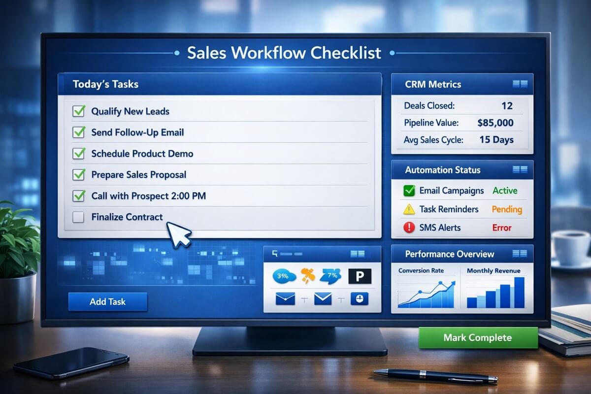 Sales workflow implementation checklist for improving conversion rates and pipeline management.