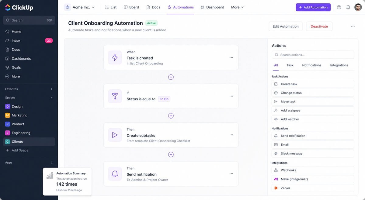ClickUp workflow automation dashboard example