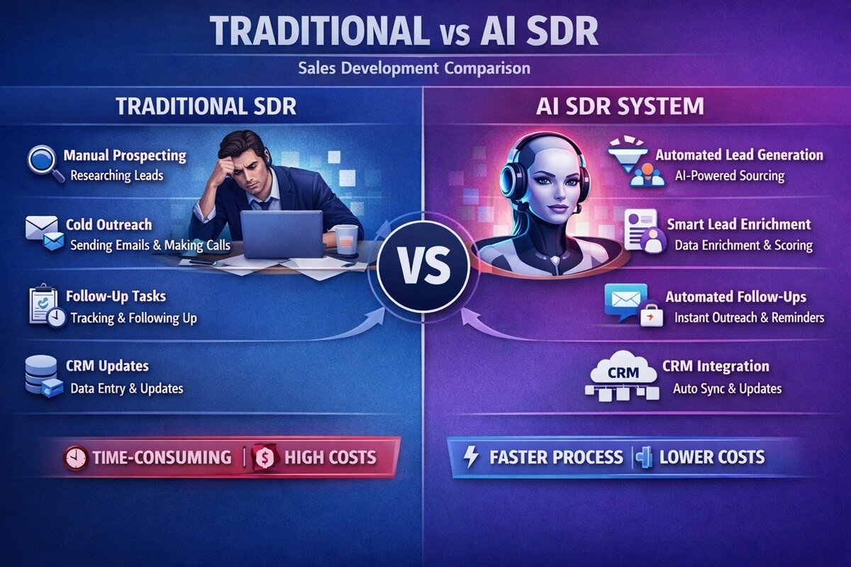 Traditional SDR versus AI SDR sales process comparison infographic