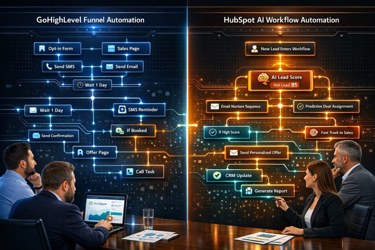 GoHighLevel vs HubSpot automation workflow comparison with funnels and AI-driven CRM automation