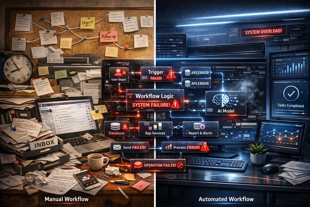 Comparison of manual workflows versus automated AI workflow systems showing business efficiency improvement