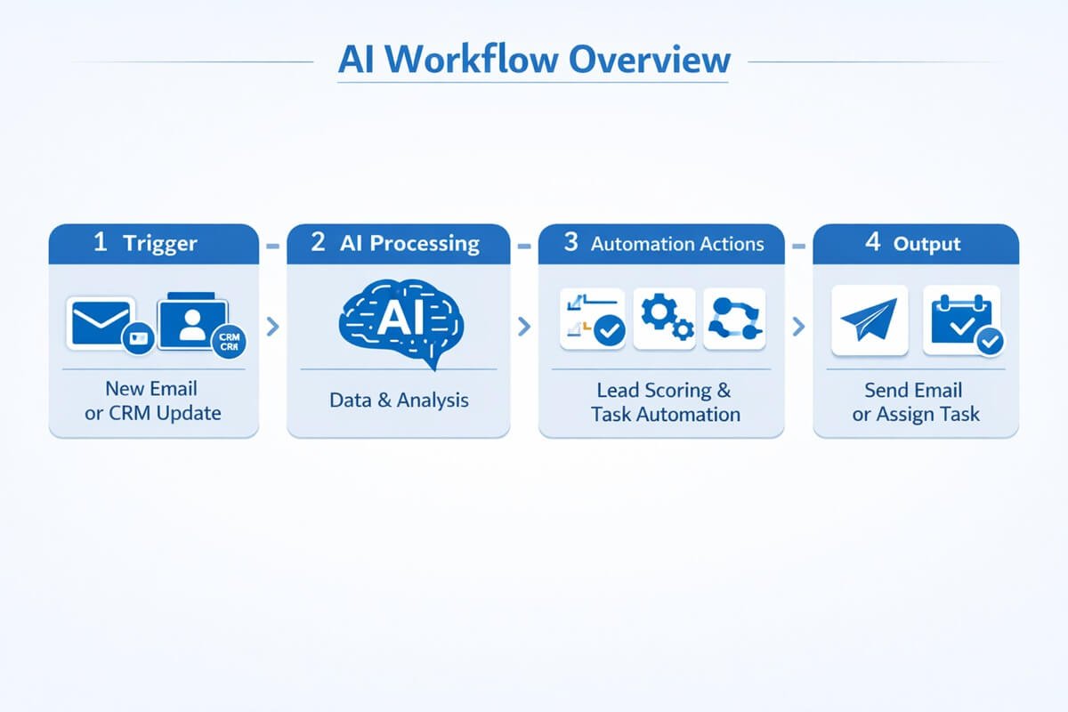 Step-by-step AI workflow process showing trigger, processing, actions, and outcomes