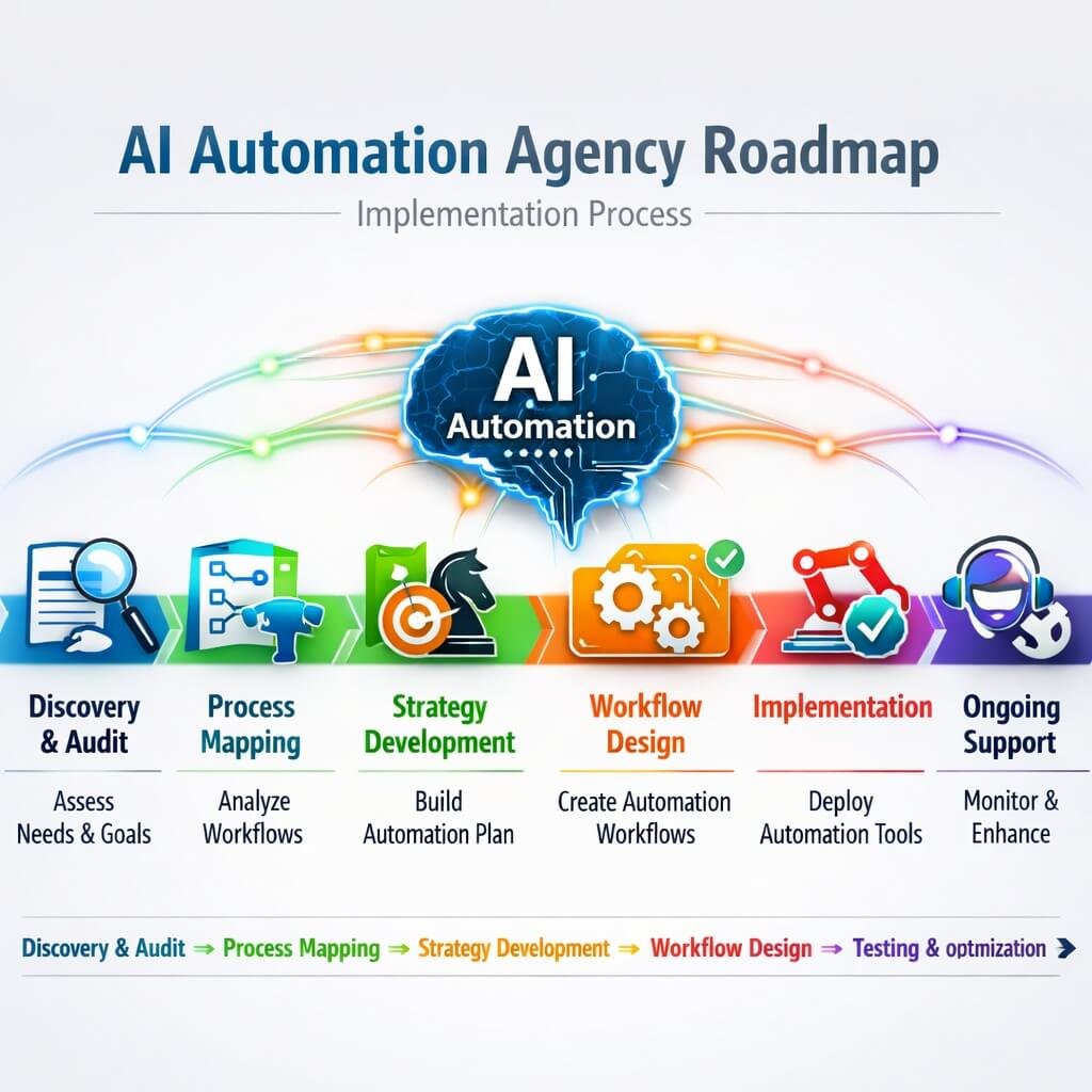 AI automation agency process from workflow audit and strategy development to implementation and optimization