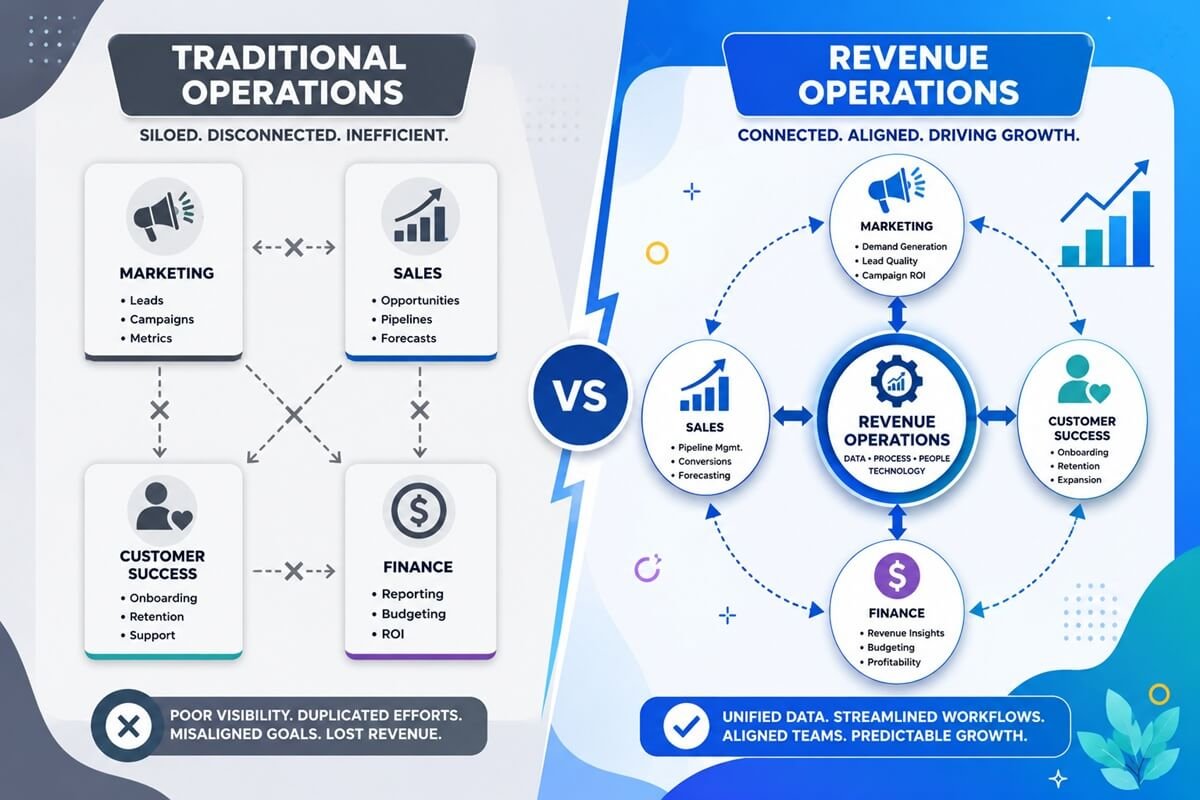 Comparison showing disconnected traditional business operations versus a unified Revenue Operations model.