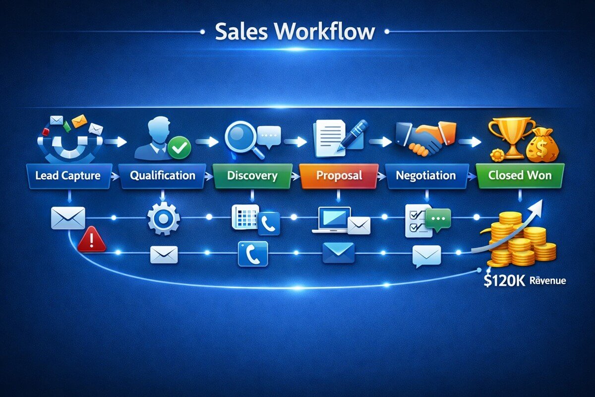 Sales workflow template diagram illustrating the complete customer journey from lead capture to close.